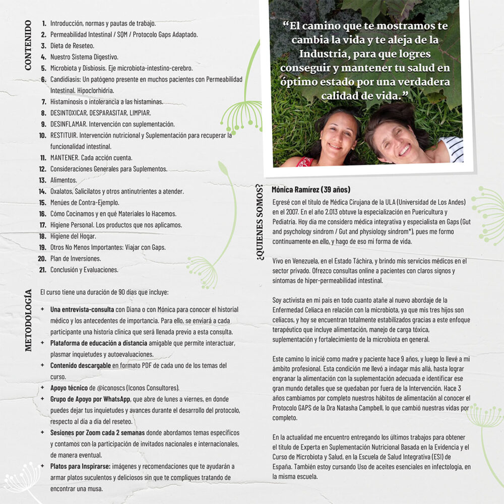 Brochure1-Taller: 90 días para nutriquererte. Protocolo integrativo para tratar la permeabilidad intestinal. Diana Garrido-Monica Ramirez. La Casa del Viento. Ecotienda SinSinSIn